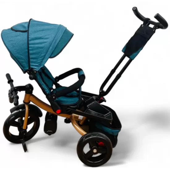TRICICLETA COPII 5099 EVA PLUS CU POZITIE DE SOMN, SCAUN REVERSIBIL, FAR CU LUMINI SI MUZICA TURCOAZ GOLD