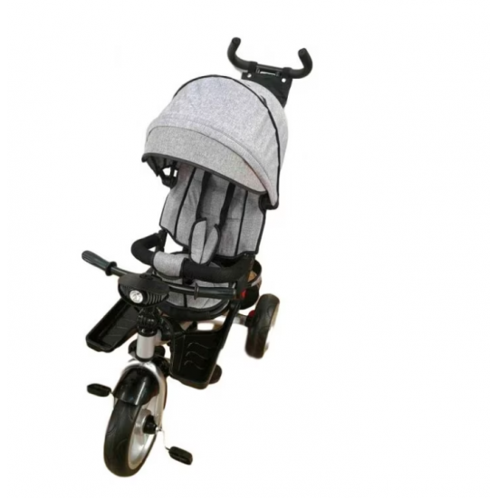 Tricicleta cu pozitie de somn, scaun reversibil, 8-36 luni, roata plina, far cu lumini si muzica, Gri