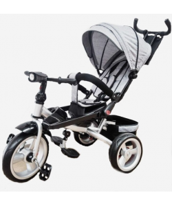 Tricicleta cu pozitie de somn, scaun reversibil, 8-36 luni, roata plina, far cu lumini si muzica, Gri