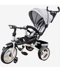 Tricicleta cu pozitie de somn, scaun reversibil, 8-36 luni, roata plina, far cu lumini si muzica, Gri