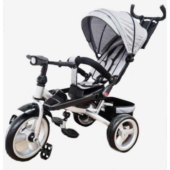 Tricicleta cu pozitie de somn, scaun reversibil, 8-36 luni, roata plina, far cu lumini si muzica, Gri
