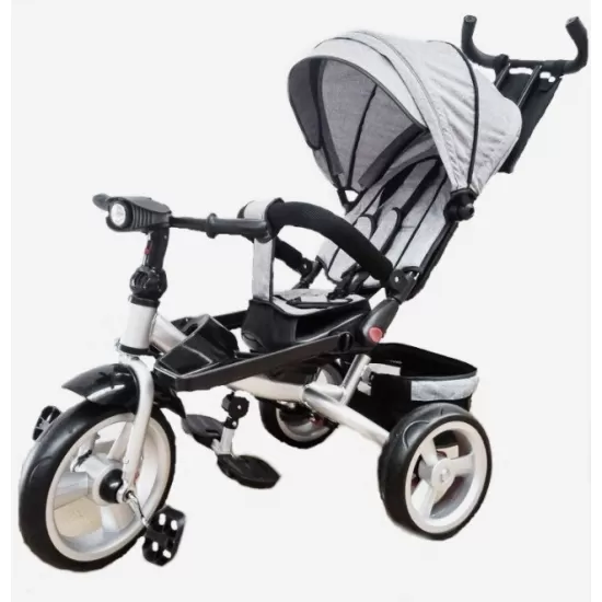 Tricicleta cu pozitie de somn, scaun reversibil, 8-36 luni, roata plina, far cu lumini si muzica, Gri