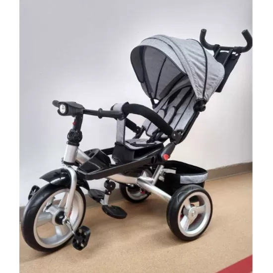 Tricicleta cu pozitie de somn, scaun reversibil, 8-36 luni, roata plina, far cu lumini si muzica, Gri
