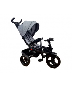 Tricicleta cu pozitie de somn, scaun reversibil, 8-36 luni, roata plina, far cu lumini si muzica, Gri deschis