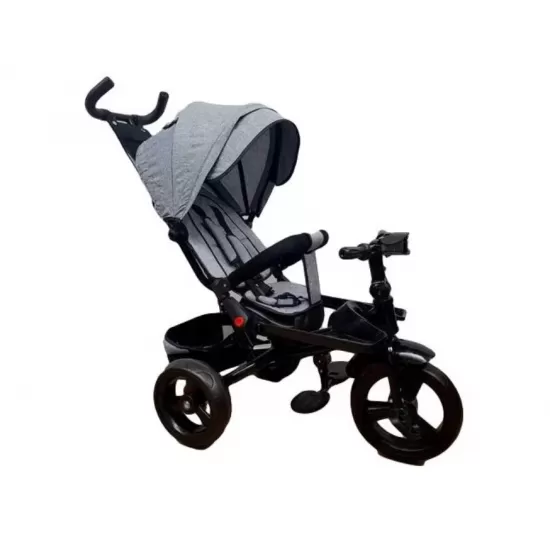 Tricicleta cu pozitie de somn, scaun reversibil, 8-36 luni, roata plina, far cu lumini si muzica, Gri deschis