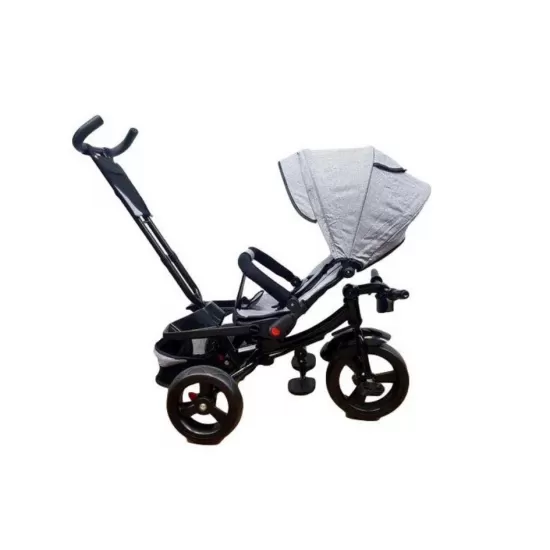 Tricicleta cu pozitie de somn, scaun reversibil, 8-36 luni, roata plina, far cu lumini si muzica, Gri deschis