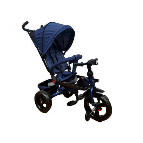 Tricicleta cu pozitie de somn, scaun reversibil, 8-36 luni, roata plina, far cu lumini si muzica, Albastru inchis