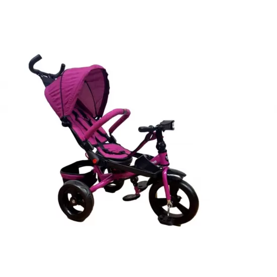 Tricicleta cu pozitie de somn, scaun reversibil, 8-36 luni, roata plina, far cu lumini si muzica, Roz
