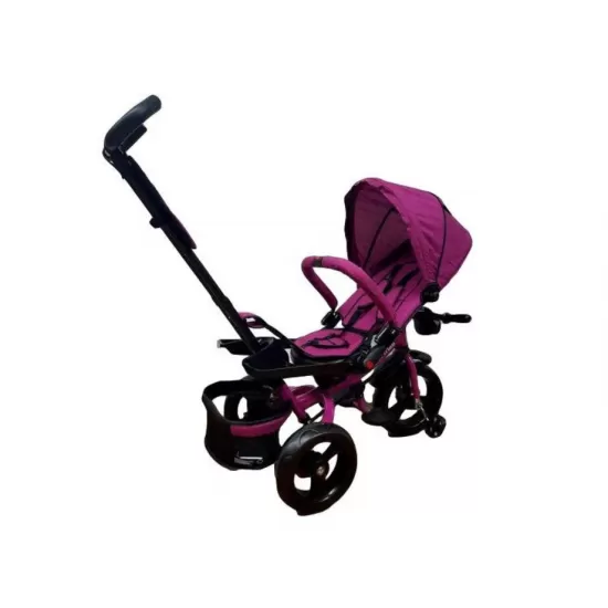 Tricicleta cu pozitie de somn, scaun reversibil, 8-36 luni, roata plina, far cu lumini si muzica, Roz