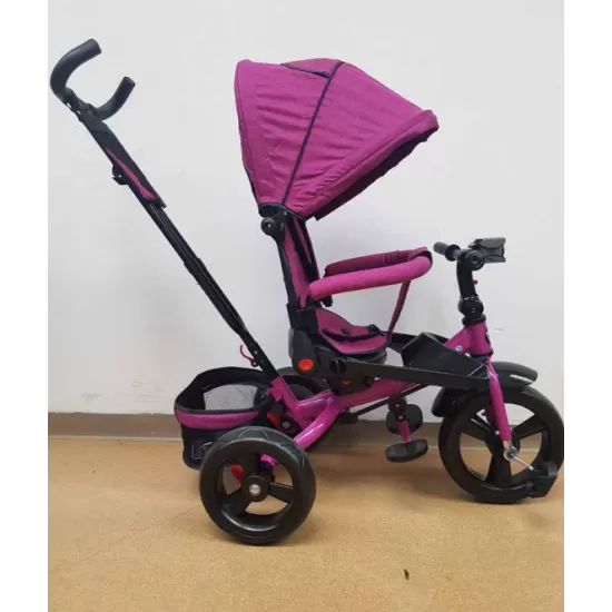 Tricicleta cu pozitie de somn, scaun reversibil, 8-36 luni, roata plina, far cu lumini si muzica,Fucsia