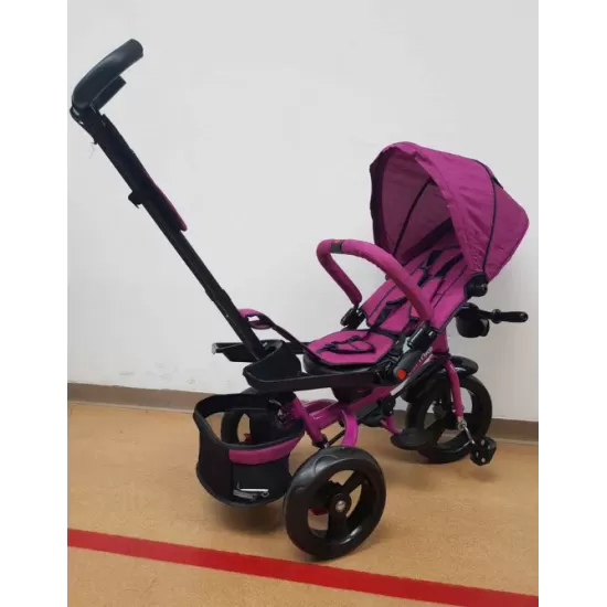 Tricicleta cu pozitie de somn, scaun reversibil, 8-36 luni, roata plina, far cu lumini si muzica,Fucsia