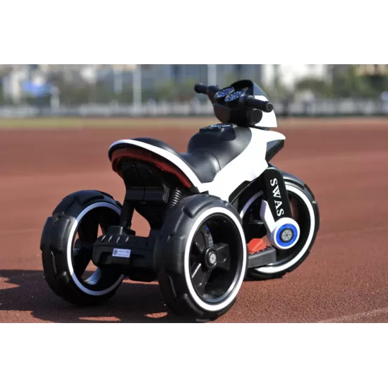 Motocicleta electrica pentru copii, 2 motoare, acumulator 12V, cu muzica si lumini, alba