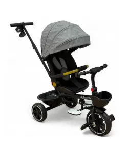 Tricicleta cu scaun reversibil, de la 6 luni la 5 ani, cu pozitie de somn, roata Eva plina, siliconata, copertina reglabila, gri