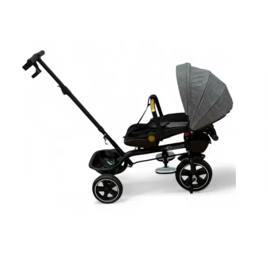 Tricicleta cu scaun reversibil, de la 6 luni la 5 ani, cu pozitie de somn, roata Eva plina, siliconata, copertina reglabila, gri