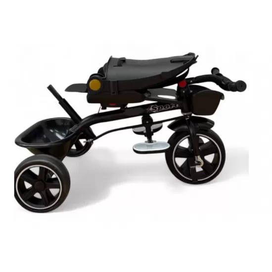 Tricicleta cu scaun reversibil, de la 6 luni la 5 ani, cu pozitie de somn, roata Eva plina, siliconata, copertina reglabila, gri