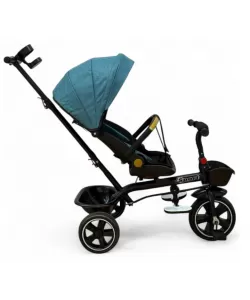 Tricicleta cu scaun reversibil, de la 6 luni la 5 ani, cu pozitie de somn, roata Eva plina, siliconata, copertina reglabila, turcoaz