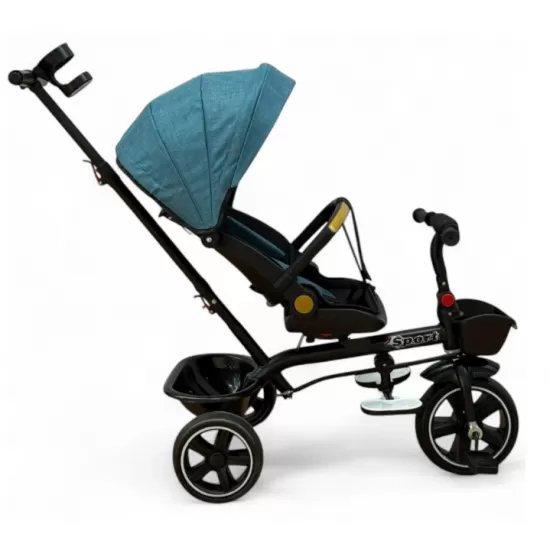 Tricicleta cu scaun reversibil, de la 6 luni la 5 ani, cu pozitie de somn, roata Eva plina, siliconata, copertina reglabila, turcoaz