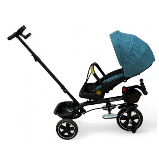 Tricicleta cu scaun reversibil, de la 6 luni la 5 ani, cu pozitie de somn, roata Eva plina, siliconata, copertina reglabila, turcoaz