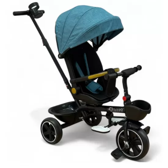 Tricicleta cu scaun reversibil, de la 6 luni la 5 ani, cu pozitie de somn, roata Eva plina, siliconata, copertina reglabila, turcoaz