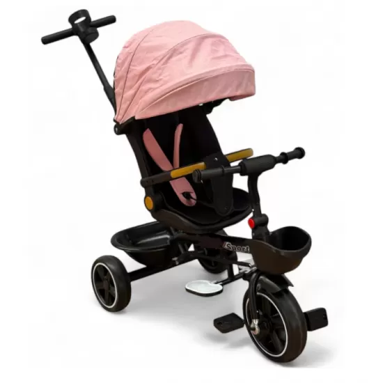 Tricicleta cu scaun reversibil, de la 6 luni la 5 ani, cu pozitie de somn, roata Eva plina, siliconata, copertina reglabila, roz