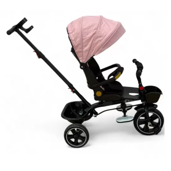 Tricicleta cu scaun reversibil, de la 6 luni la 5 ani, cu pozitie de somn, roata Eva plina, siliconata, copertina reglabila, roz