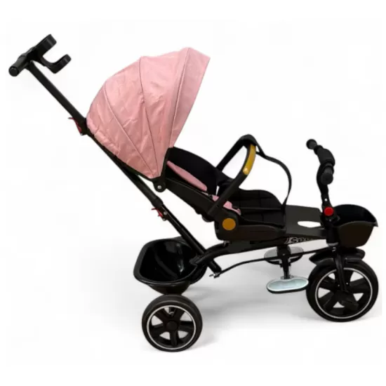 Tricicleta cu scaun reversibil, de la 6 luni la 5 ani, cu pozitie de somn, roata Eva plina, siliconata, copertina reglabila, roz