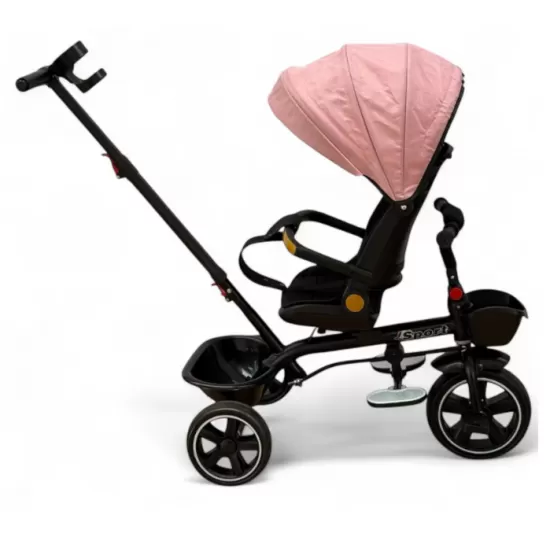 Tricicleta cu scaun reversibil, de la 6 luni la 5 ani, cu pozitie de somn, roata Eva plina, siliconata, copertina reglabila, roz