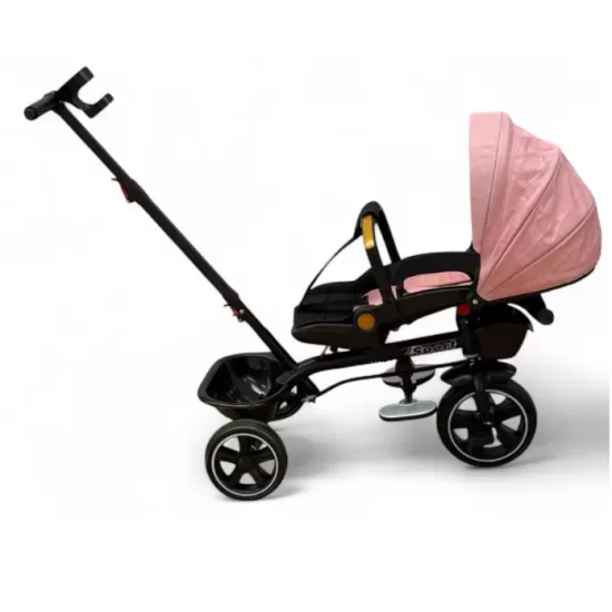 Tricicleta cu scaun reversibil, de la 6 luni la 5 ani, cu pozitie de somn, roata Eva plina, siliconata, copertina reglabila, roz