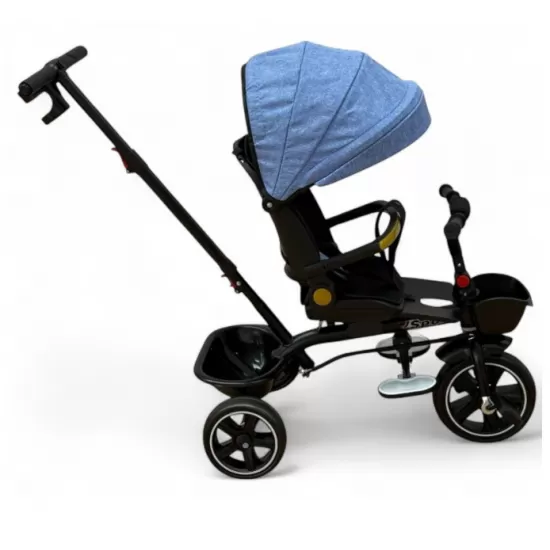 Tricicleta cu scaun reversibil, de la 6 luni la 5 ani, cu pozitie de somn, roata Eva plina, siliconata, copertina reglabila, albastru