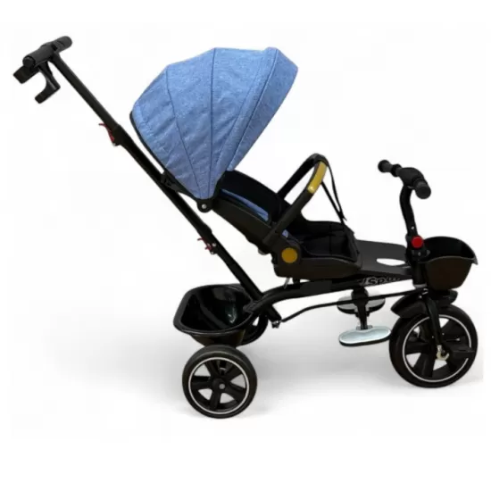 Tricicleta cu scaun reversibil, de la 6 luni la 5 ani, cu pozitie de somn, roata Eva plina, siliconata, copertina reglabila, albastru