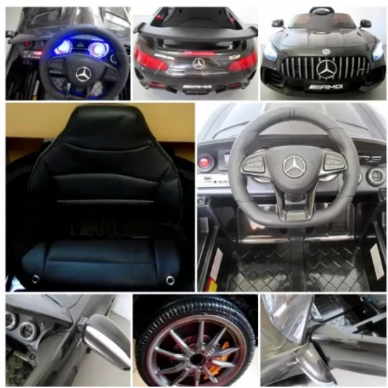 Masinuta electrica pentru copii cu telecomanda Mercedes AMG GTR-S R-Sport Negru 70W, scaun de piele si roti Eva, unitate audio cu display si Mp3, functie slow start