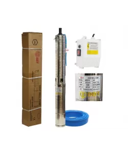 Pachet Pompa submersibilă de adâncime DDT 4SP5/12 – 1.8 kW, 2.5 CP,8 m³/h, 90 m inaltimea de refulare , 12 turbine inox cu panou de control, rezistenta la nisip + Presostat electronic inteligent