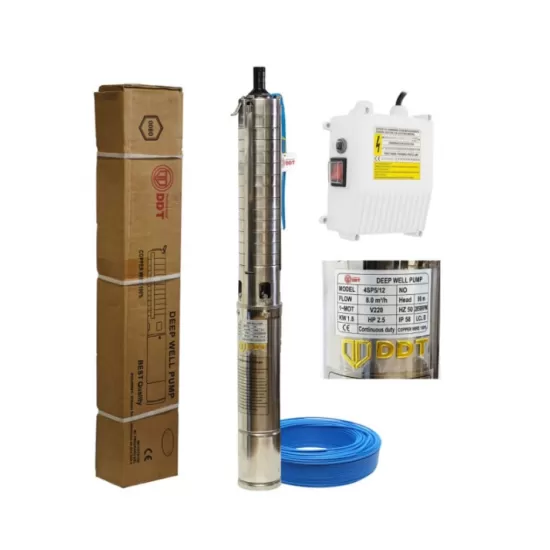 Pachet Pompa submersibilă de adâncime DDT 4SP5/12 – 1.8 kW, 2.5 CP,8 m³/h, 90 m inaltimea de refulare , 12 turbine inox cu panou de control, rezistenta la nisip + Presostat electronic inteligent