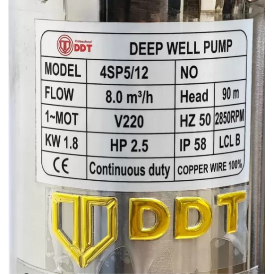 Pachet Pompa submersibilă de adâncime DDT 4SP5/12 – 1.8 kW, 2.5 CP,8 m³/h, 90 m inaltimea de refulare , 12 turbine inox cu panou de control, rezistenta la nisip + Presostat electronic inteligent
