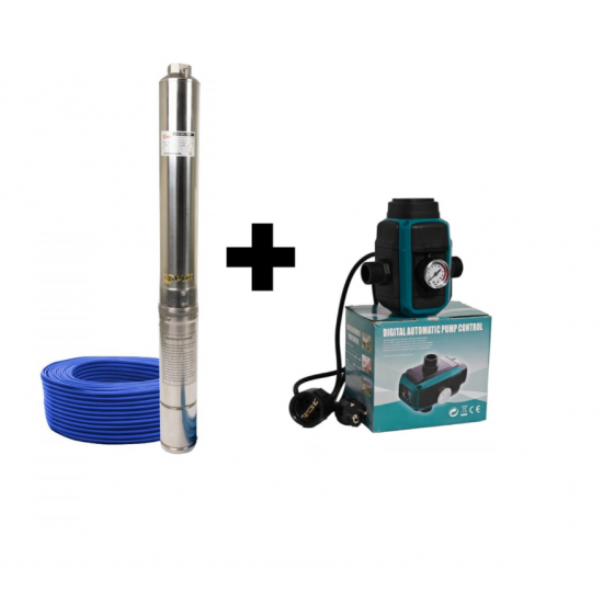 Pachet Pompa submersibila de mare adancime, DDT, 4SDM3-16, 2200 W, 16 turbine, 10 m³/h Inox, 30 m cablu + Presostat electronic inteligent digital reglabil DDT