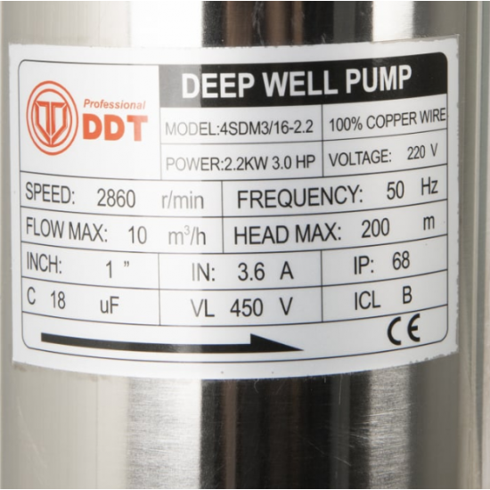 Pachet Pompa submersibila de mare adancime, DDT, 4SDM3-16, 2200 W, 16 turbine, 10 m³/h Inox, 30 m cablu + Presostat electronic inteligent digital reglabil DDT