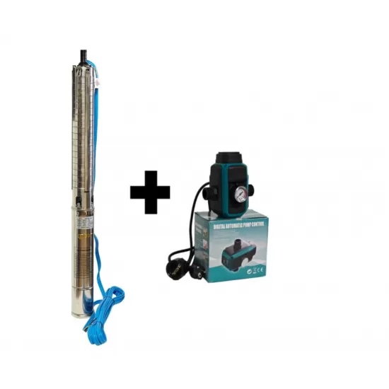 Kit Pompa submersibilă de adâncime DDT 4SP5/17 – 2 kW, 3 CP, 9 m³/h, 120 m inaltimea de refulare , 17 turbine inox, cu panou de control, rezistenta la nisip+ Presostat electronic inteligent digital