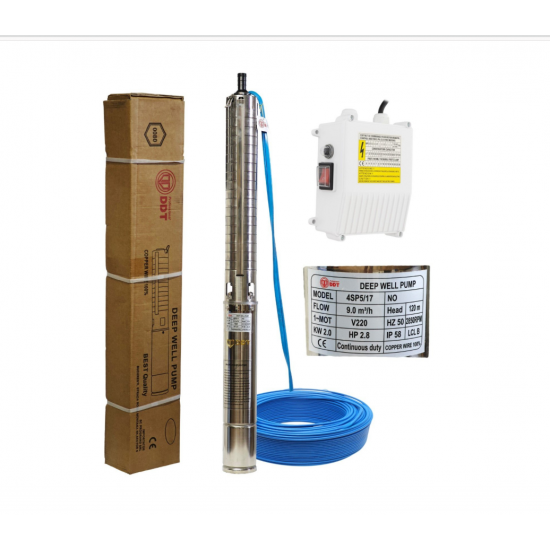Kit Pompa submersibilă de adâncime DDT 4SP5/17 – 2 kW, 3 CP, 9 m³/h, 120 m inaltimea de refulare , 17 turbine inox, cu panou de control, rezistenta la nisip+ Presostat electronic inteligent digital