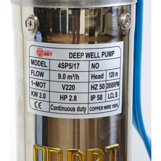 Kit Pompa submersibilă de adâncime DDT 4SP5/17 – 2 kW, 3 CP, 9 m³/h, 120 m inaltimea de refulare , 17 turbine inox, cu panou de control, rezistenta la nisip+ Presostat electronic inteligent digital
