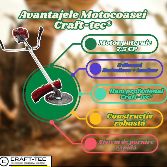 Motocoasa pe benzina Craft-Tec, 4 timpi, 7.5CP, 10000RPM, 62CC, Accesorii incluse