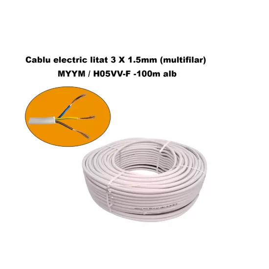 Cablu electric litat 3 X 1.5mm (multifilar) MYYM / H05VV-F, Rola 100 metri, alb