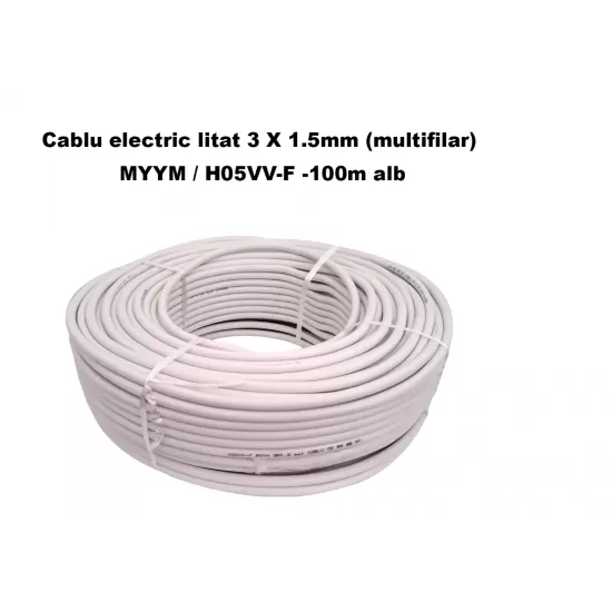 Cablu electric litat 3 X 1.5mm (multifilar) MYYM / H05VV-F, Rola 100 metri, alb