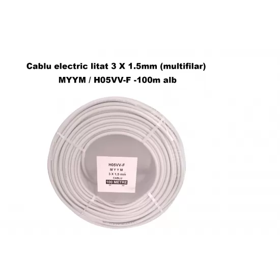 Cablu electric litat 3 X 1.5mm (multifilar) MYYM / H05VV-F, Rola 100 metri, alb