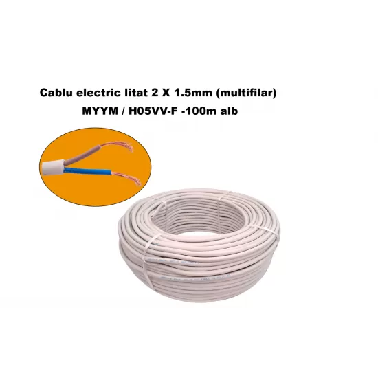 Cablu electric litat 2 X 1.5mm (multifilar) MYYM / H05VV-F, Rola 100 metri, alb