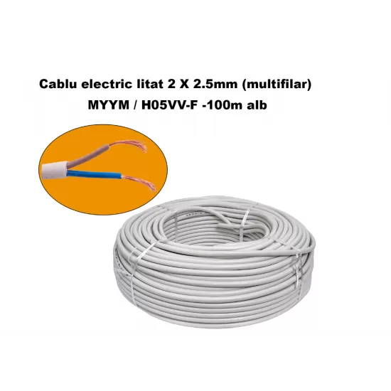 Cablu electric litat 2 X 2.5mm (multifilar) MYYM / H05VV-F, Rola 100 metri, alb