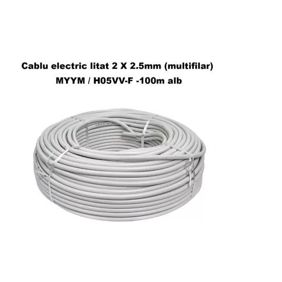 Cablu electric litat 2 X 2.5mm (multifilar) MYYM / H05VV-F, Rola 100 metri, alb