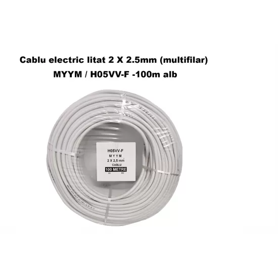 Cablu electric litat 2 X 2.5mm (multifilar) MYYM / H05VV-F, Rola 100 metri, alb