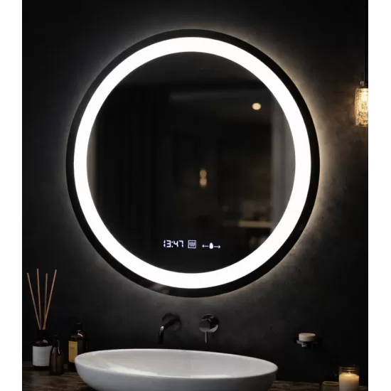 Oglinda LED Rotunda, 60cm, Celeste MotionGlow Marcello, Sistem Dezaburire, Ceas & Termometru, Dimabila, Lumina Calda Neutra Rece 3000K/4000K/6000K