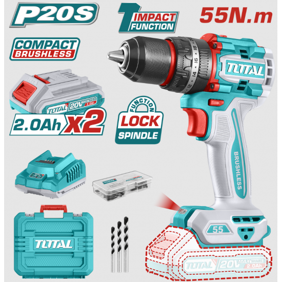TOTAL - MASINA DE GAURIT CU PERCUTIE - 20V - 2.0AH LI-ION (INCLUDE 2 ACUMULATORI + 1 INCARCATOR)