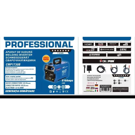 Aparat de sudura tip Invertor cu sarma 510A, MMA/MIG/MAG (TIG optional) CABLU SUDURA 3M, afisaj digital, ventilat, URAL MASH IGBT TEHNOLOGY ULTRA HYBRID POWER, CMP1730B